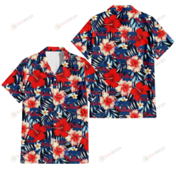 Philadelphia Phillies Coral Red Hibiscus Blue Palm Leaf Black Background 3D Hawaiian Shirt