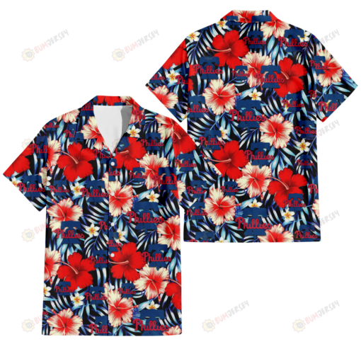 Philadelphia Phillies Coral Red Hibiscus Blue Palm Leaf Black Background 3D Hawaiian Shirt