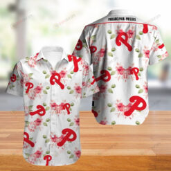 Philadelphia Phillies Floral & Leaf Pattern Curved Hawaiian Shirt In White & Red