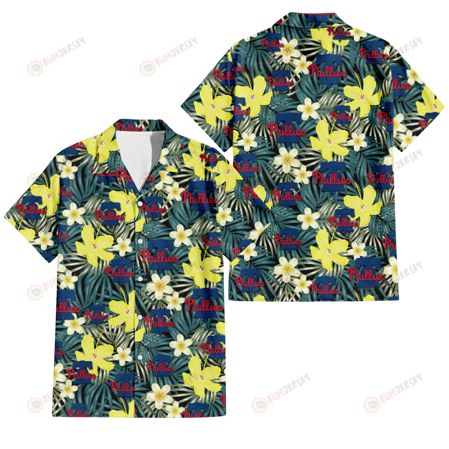 Philadelphia Phillies Hibiscus Green Palm Leaf Black Background 3D Hawaiian Shirt