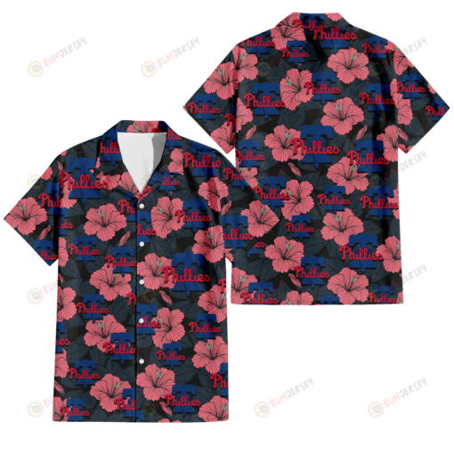 Philadelphia Phillies Light Coral Hibiscus Gray Leaf Black Background 3D Hawaiian Shirt