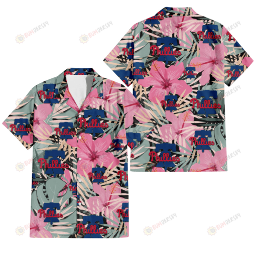 Philadelphia Phillies Light Pink Hibiscus Pale Green Leaf Black Background 3D Hawaiian Shirt