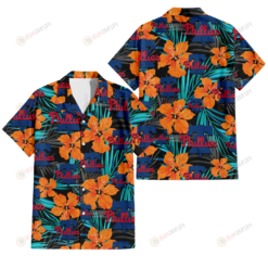 Philadelphia Phillies Orange Hibiscus Blue Gray Leaf Black Background 3D Hawaiian Shirt