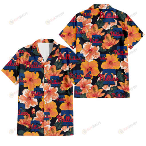 Philadelphia Phillies Orange Hibiscus Dark Green Leaf Black Background 3D Hawaiian Shirt