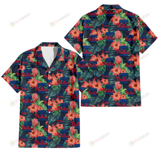 Philadelphia Phillies Orange Hibiscus Green Tropical Leaf Dark Background 3D Hawaiian Shirt