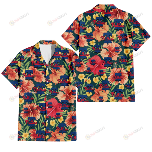 Philadelphia Phillies Orange Red Hibiscus Green Leaf Dark Background 3D Hawaiian Shirt