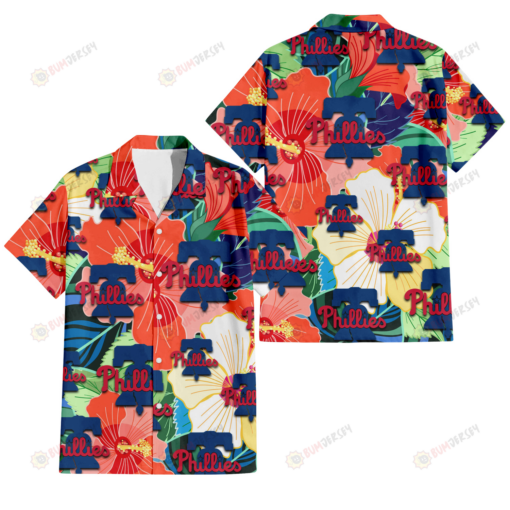 Philadelphia Phillies Orange White Tropical Hibiscus Green Leaf 3D Hawaiian Shirt