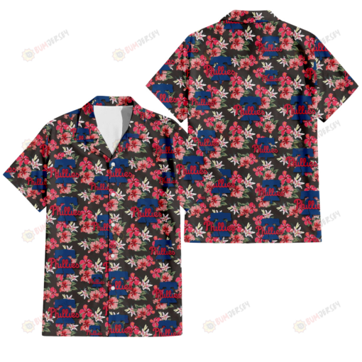 Philadelphia Phillies Pink Hibiscus Orchid Brown Background 3D Hawaiian Shirt