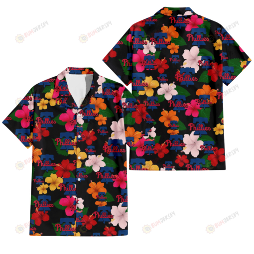 Philadelphia Phillies Pink Orange Yellow White Hibiscus Black Background 3D Hawaiian Shirt