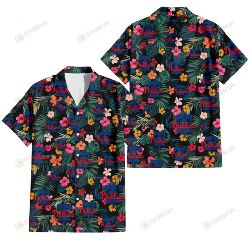 Philadelphia Phillies Pink Yellow Orange Hibiscus Big Tropical Leaf Black Background 3D Hawaiian Shirt