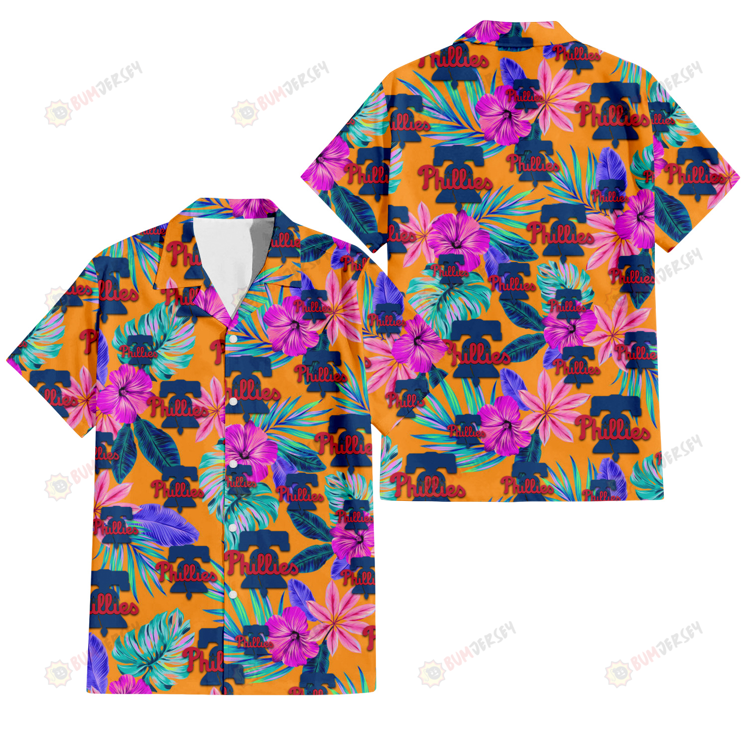 Philadelphia Phillies Purple Hibiscus Neon Leaf Orange Background 3D Hawaiian Shirt