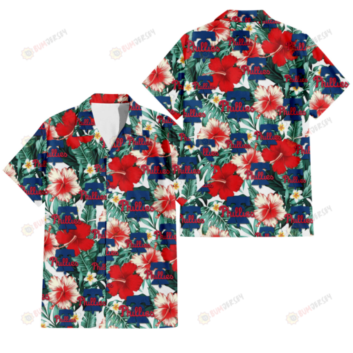 Philadelphia Phillies Red Coral Hibiscus White Porcelain Flower Banana Leaf 3D Hawaiian Shirt