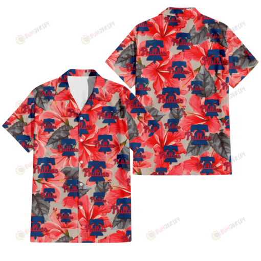 Philadelphia Phillies Red Hibiscus Gray Leaf Beige Background 3D Hawaiian Shirt