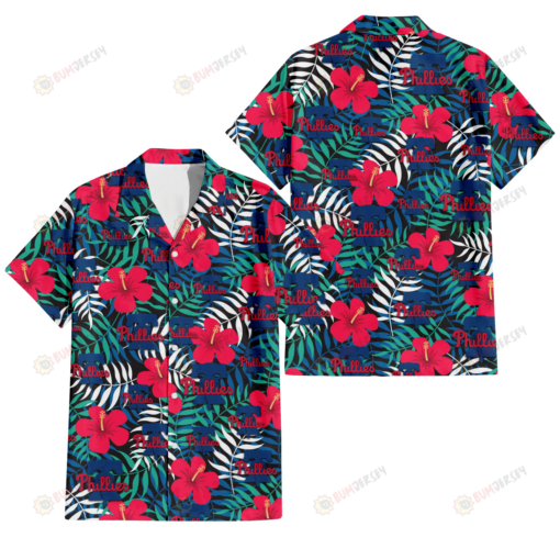 Philadelphia Phillies Red Hibiscus Green Blue White Leaf Black Background 3D Hawaiian Shirt