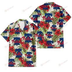 Philadelphia Phillies Red Hibiscus Green Tropical Leaf Cream Background 3D Hawaiian Shirt