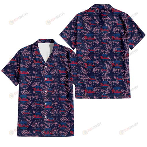 Philadelphia Phillies Thistle Sketch Hibiscus Dark Slate Blue Background 3D Hawaiian Shirt