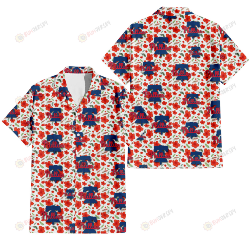 Philadelphia Phillies Tiny Red Hibiscus Green Leaf White Cube Background 3D Hawaiian Shirt