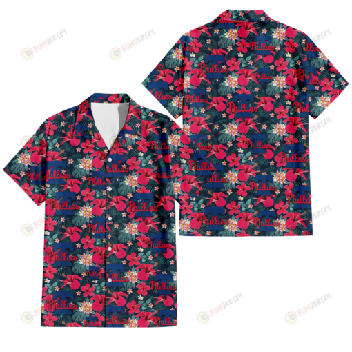 Philadelphia Phillies Tiny Red Hibiscus White Porcelain Flower Black Background 3D Hawaiian Shirt