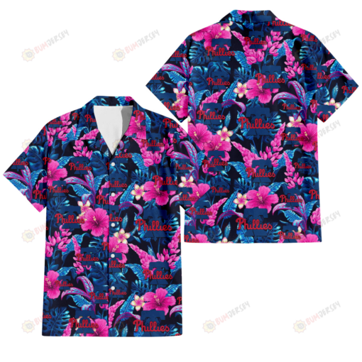 Philadelphia Phillies Violet Red Hibiscus Blue Leaf Black Background 3D Hawaiian Shirt