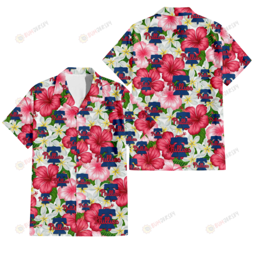 Philadelphia Phillies White Porcelain Flower Pink Hibiscus White Background 3D Hawaiian Shirt