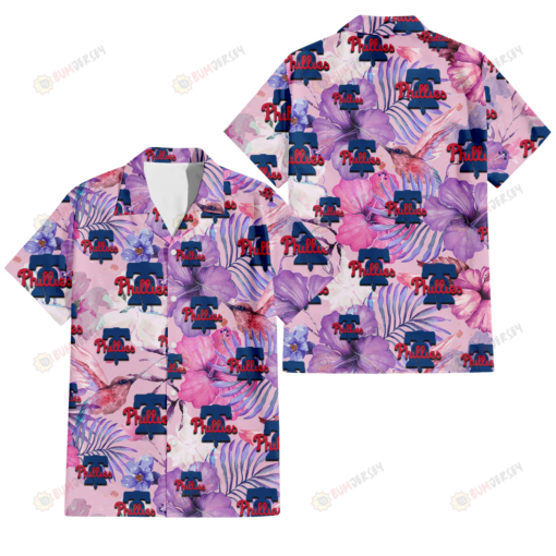 Philadelphia Phillies White Purple Hibiscus Pink Hummingbird Pink Background 3D Hawaiian Shirt