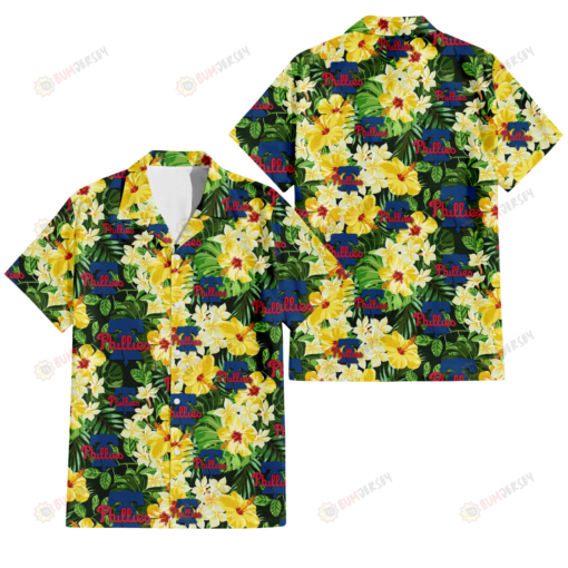 Philadelphia Phillies Yellow Hibiscus Tropical Green Leaf Black Background 3D Hawaiian Shirt