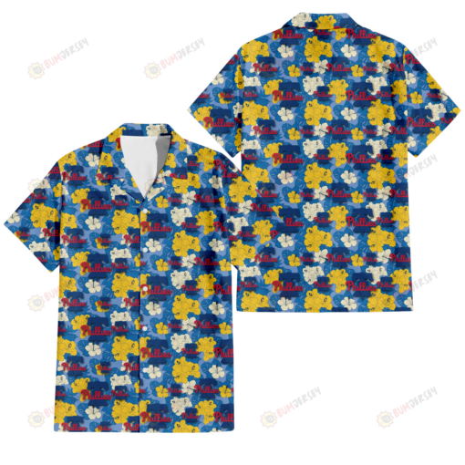 Philadelphia Phillies Yellow White Hibiscus Powder Blue Background 3D Hawaiian Shirt