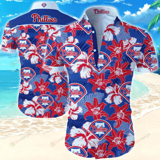 Phillies Leaf & Flower Pattern Curved Hawaiian Shirt In Red & Blue