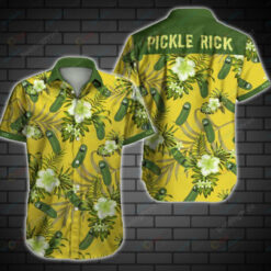 Pickle Rick Floral & Leaf Pattern Curved Hawaiian Shirt In Yellow & Green