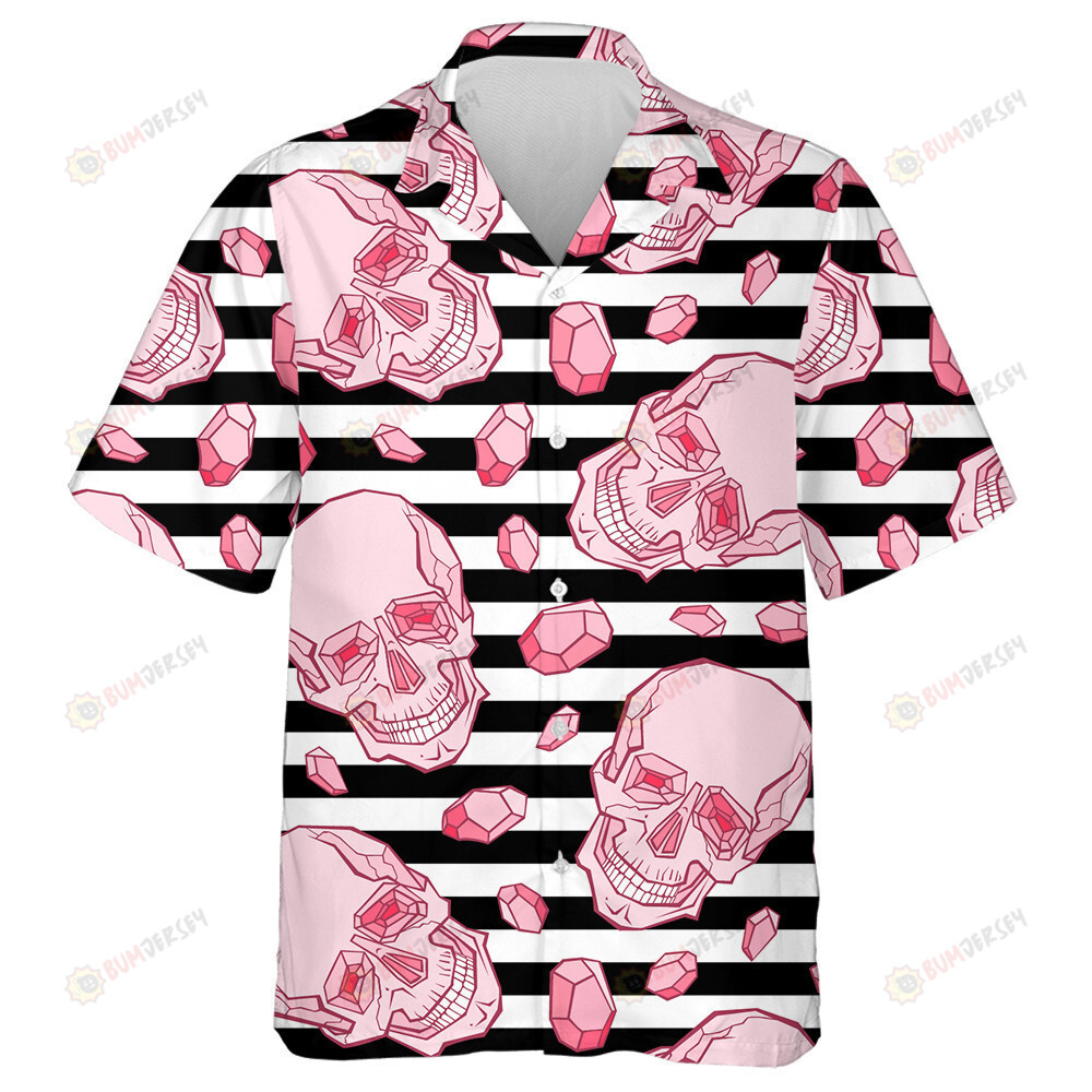 Pink Human Skulls And Semiprecious Stones On Stripes Background Hawaiian Shirt