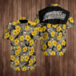 Pittsburgh Penguins Floral & Leaf Pattern Curved Hawaiian Shirt In Black & Yellow