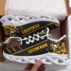 Pittsburgh Penguins Logo Custom Name Pattern 3D Max Soul Sneaker Shoes In Black And Yellow