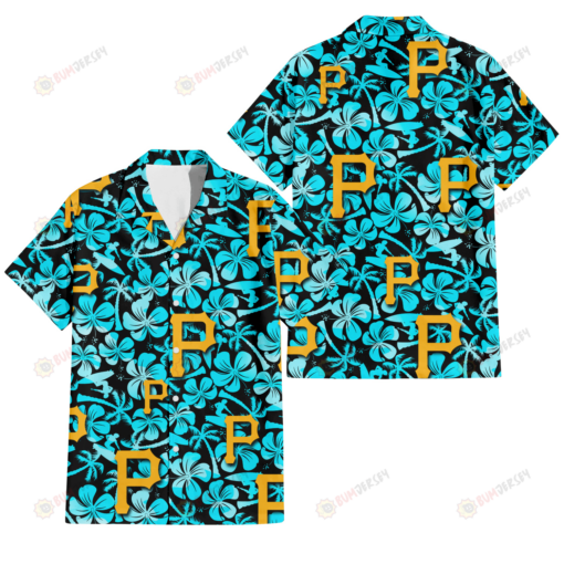 Pittsburgh Pirates Blue Hibiscus Blue Coconut Tree Black Background 3D Hawaiian Shirt