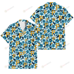 Pittsburgh Pirates Blue Line White Hibiscus Black Background 3D Hawaiian Shirt