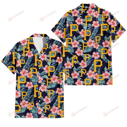 Pittsburgh Pirates Coral Hibiscus Green Banana Leaf Black Background 3D Hawaiian Shirt