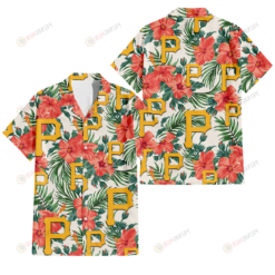 Pittsburgh Pirates Coral Hibiscus Green Leaf Beige Background 3D Hawaiian Shirt