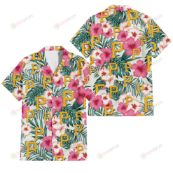 Pittsburgh Pirates Coral Pink Hibiscus Green Leaf Beige Background 3D Hawaiian Shirt