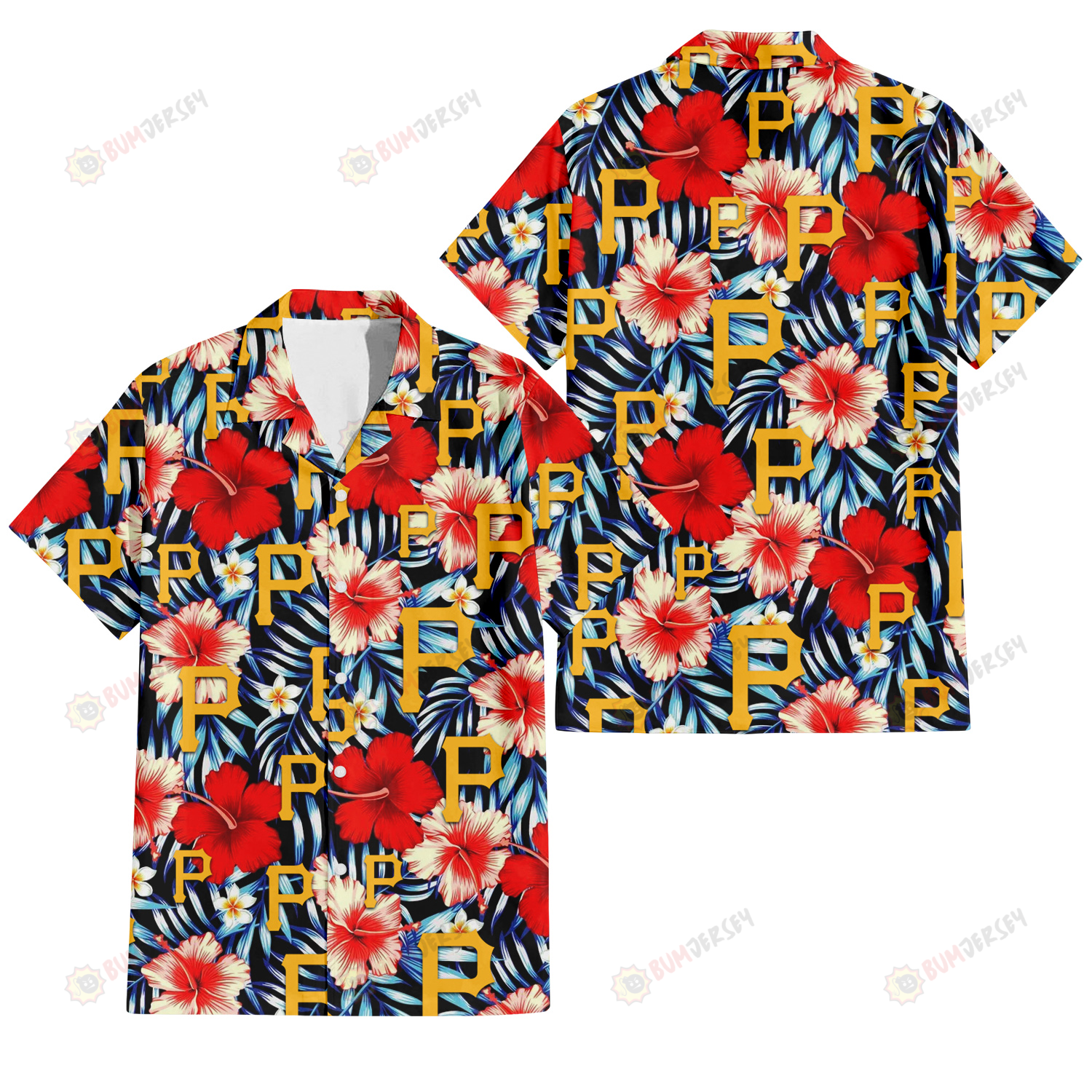 Pittsburgh Pirates Coral Red Hibiscus Blue Palm Leaf Black Background 3D Hawaiian Shirt