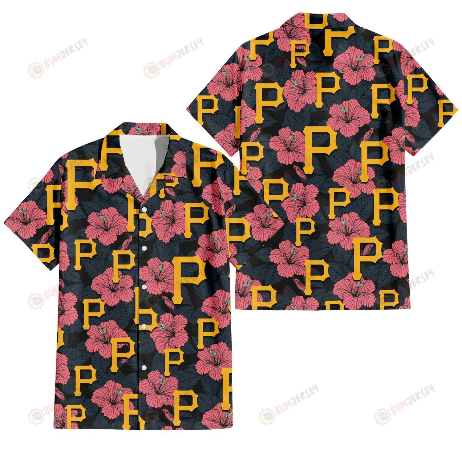 Pittsburgh Pirates Light Coral Hibiscus Gray Leaf Black Background 3D Hawaiian Shirt