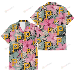 Pittsburgh Pirates Light Pink Hibiscus Pale Green Leaf Black Background 3D Hawaiian Shirt