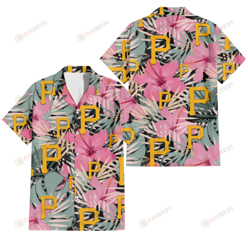 Pittsburgh Pirates Light Pink Hibiscus Pale Green Leaf Black Background 3D Hawaiian Shirt