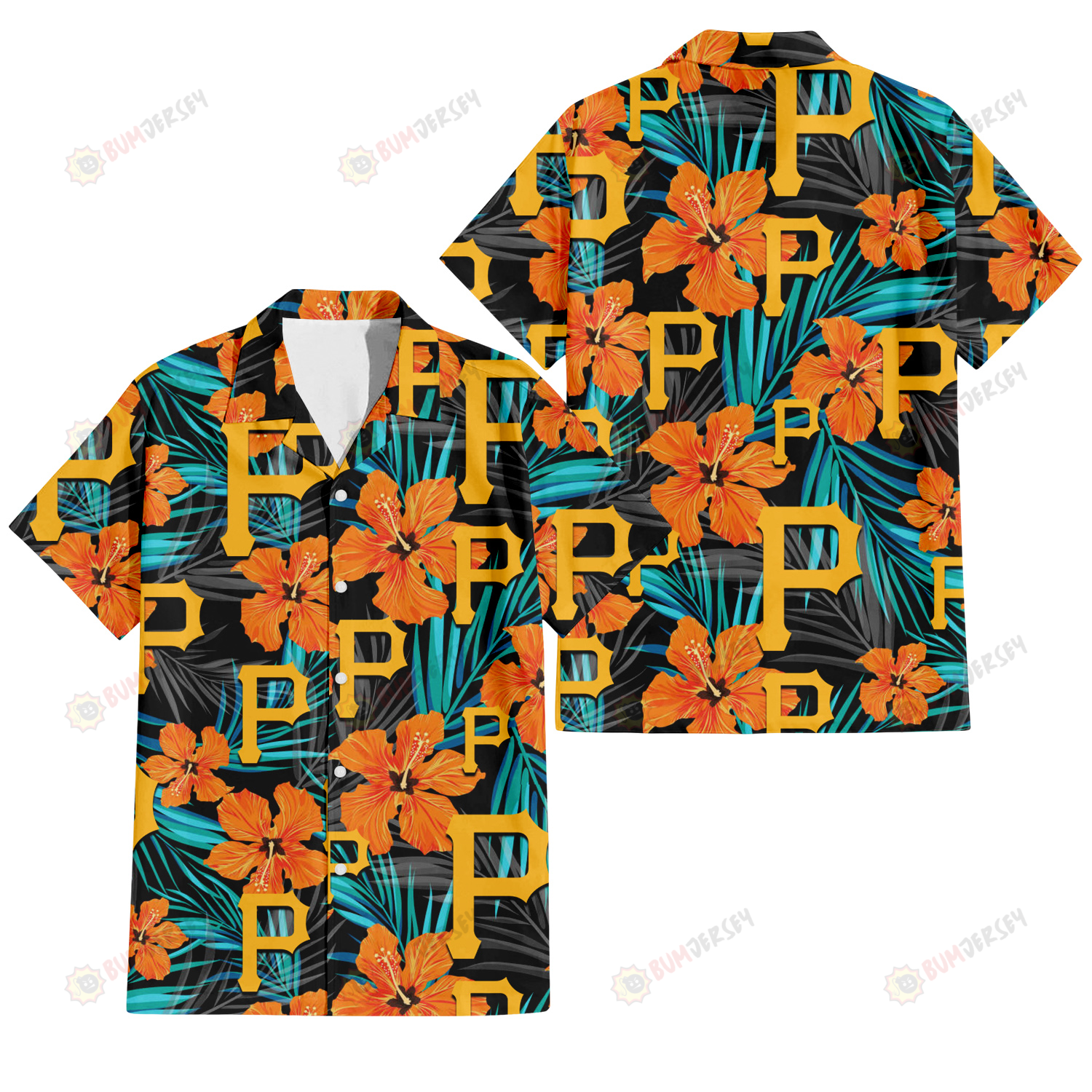 Pittsburgh Pirates Orange Hibiscus Blue Gray Leaf Black Background 3D Hawaiian Shirt