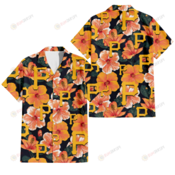 Pittsburgh Pirates Orange Hibiscus Dark Green Leaf Black Background 3D Hawaiian Shirt