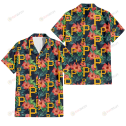 Pittsburgh Pirates Orange Hibiscus Green Tropical Leaf Dark Background 3D Hawaiian Shirt