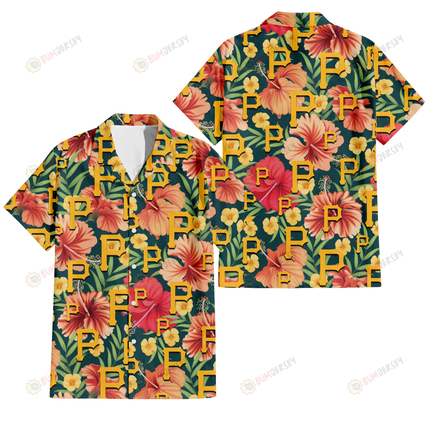 Pittsburgh Pirates Orange Red Hibiscus Green Leaf Dark Background 3D Hawaiian Shirt