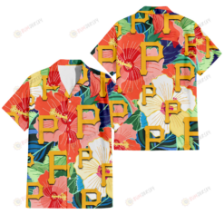 Pittsburgh Pirates Orange White Tropical Hibiscus Green Leaf 3D Hawaiian Shirt