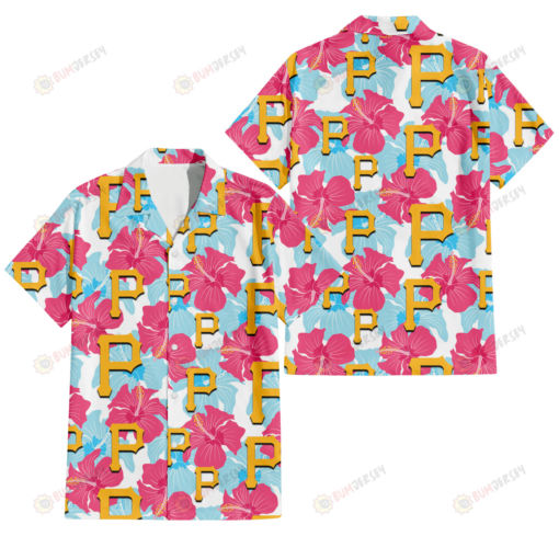 Pittsburgh Pirates Pink Blue Hibiscus White Background 3D Hawaiian Shirt