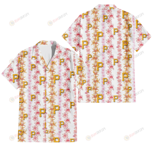 Pittsburgh Pirates Pink Hibiscus Yellow Pink Orchid White Background 3D Hawaiian Shirt