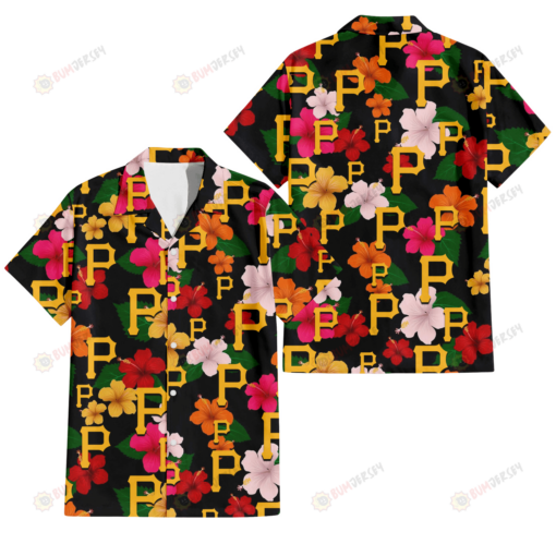 Pittsburgh Pirates Pink Orange Yellow White Hibiscus Black Background 3D Hawaiian Shirt