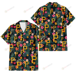 Pittsburgh Pirates Pink Yellow Orange Hibiscus Big Tropical Leaf Black Background 3D Hawaiian Shirt